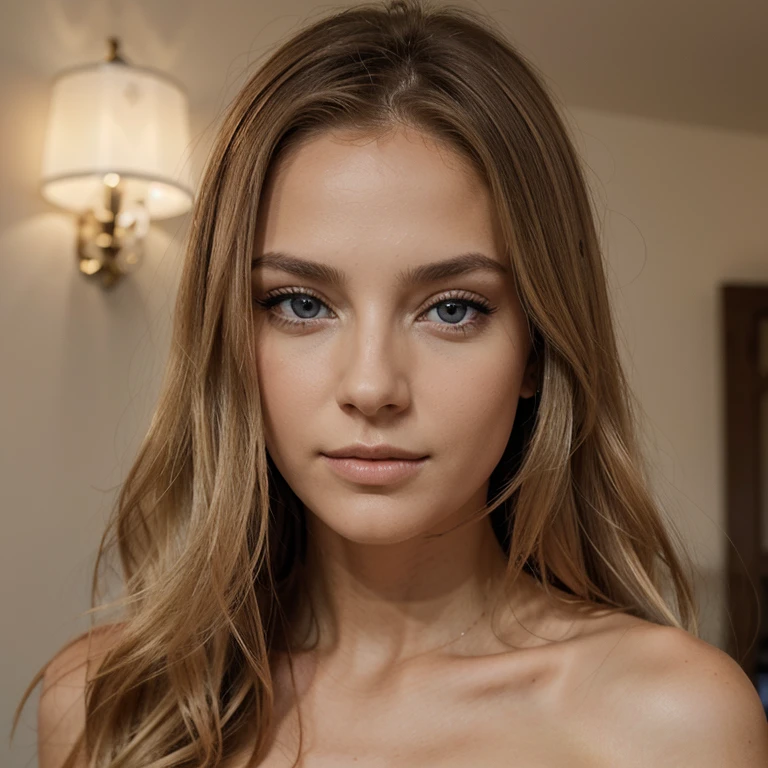 Jeune femme, cheveux longs et blonds claire, yeux bleus clairs, longs cils, yeux en amande, lèvres pleines, peau lisse et éclatante, expression sexy, vue de face, ultra-réaliste, haute résolution, détails précis de la peau, des yeux et des cheveux, prise avec une caméra haute définition, objectif de 85mm pour un effet de portrait,