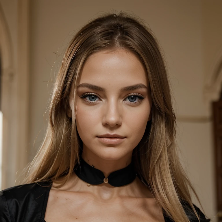 Jeune femme, cheveux longs et blonds claire, yeux bleus clairs, longs cils, yeux en amande, lèvres pleines, peau lisse et éclatante, expression sexy, vue de face, ultra-réaliste, haute résolution, détails précis de la peau, des yeux et des cheveux, prise avec une caméra haute définition, objectif de 85mm pour un effet de portrait,