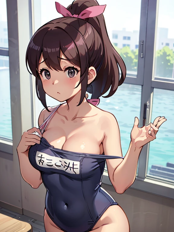 Shooting in the classroom,Show the whole body(Mastepiece,1, alone,,Primary school students) (Kodama Fumika)ponytail,Pink ribbon,Big Breasts,Cleavage,Cleavageを見せる,tits,Navy blue school swimsuit,Swimming water,Cleavage