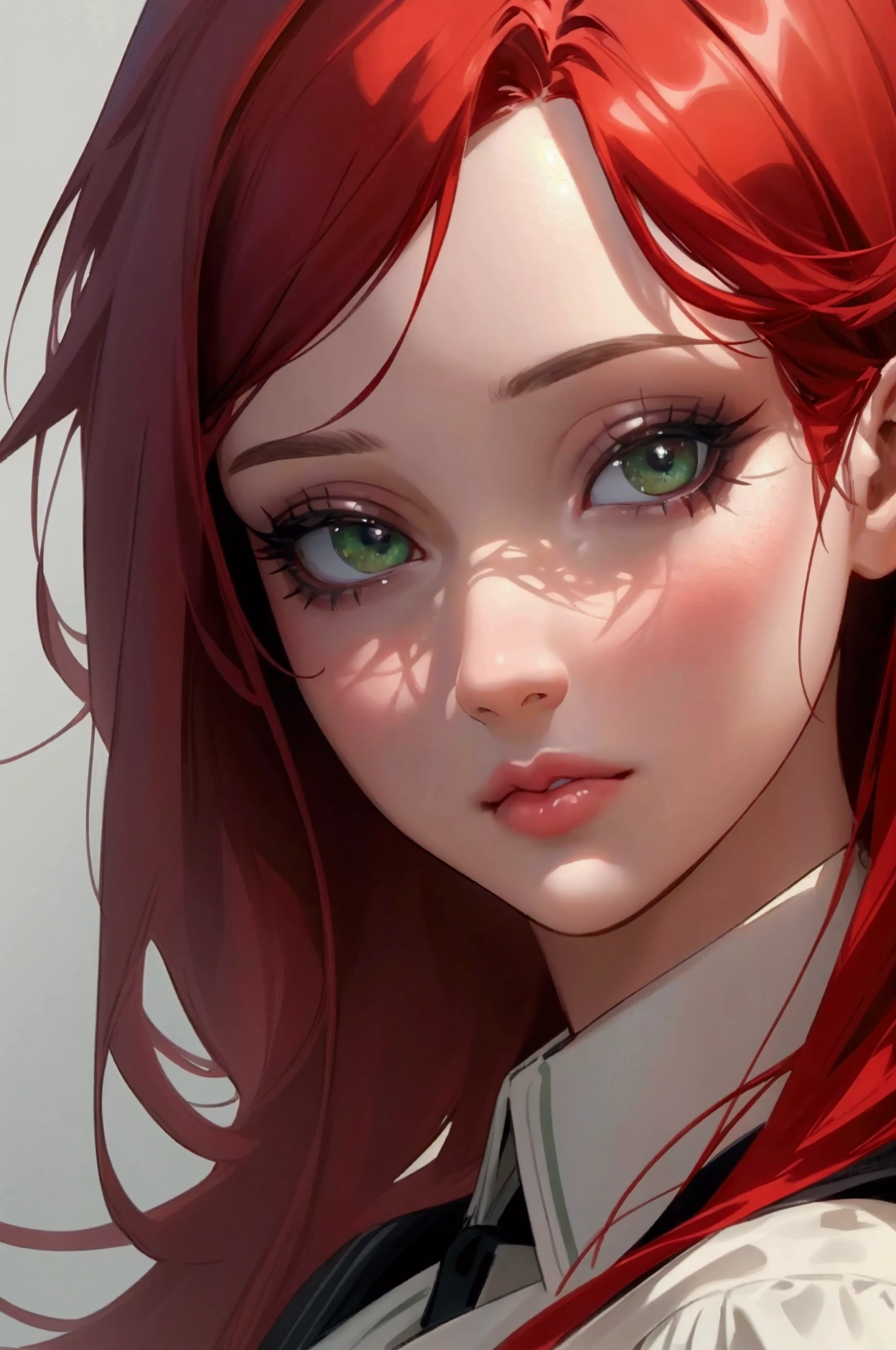 A beautiful girl with red hair, green eyes, and clear skin, with a thoughtful expression, wearing a black school uniform, detailed portrait, realistic, photorealistic, detailed facial features, beautiful detailed eyes, beautiful detailed lips, extremely detailed face, long eyelashes, highly detailed, masterpiece, 4k, hyper detailed, vibrant colors, natural lighting, cinematic, intricate details. Apariencia juvenil