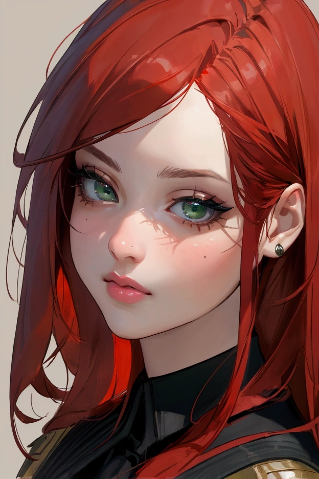 A beautiful girl with red hair, green eyes, and clear skin, with a thoughtful expression, wearing a black school uniform, detailed portrait, realistic, photorealistic, detailed facial features, beautiful detailed eyes, beautiful detailed lips, extremely detailed face, long eyelashes, highly detailed, masterpiece, 4k, hyper detailed, vibrant colors, natural lighting, cinematic, intricate details. Apariencia juvenil