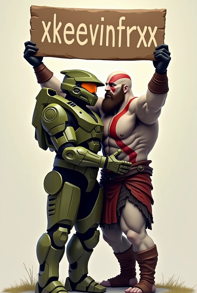 Master Chiff from Halo and Kratos from God of War hugging each other holding a sign with the name XXKEEVINFRXX 
