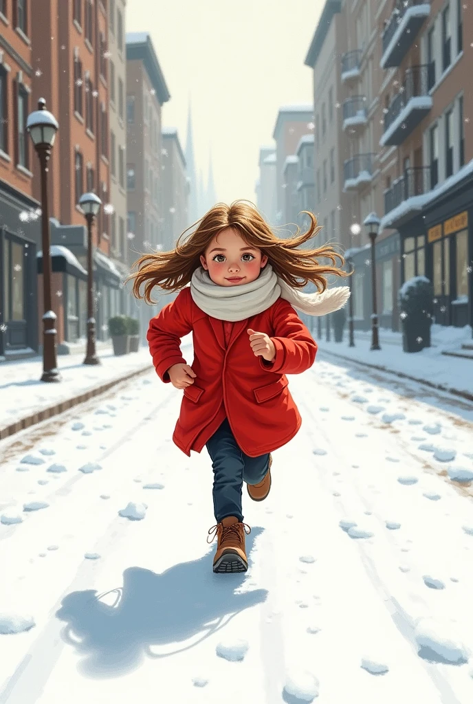A young girl is running on a snowy street. She is wearing a bright red coat and a white scarf covering her face. Hand drawn illustration.