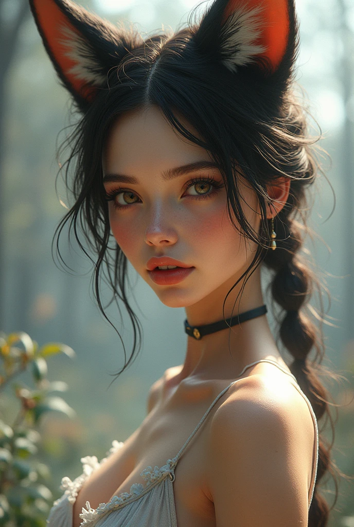 one girl, fox ears, , pure, cute naked, topless, a Woman alien mix, human Body, big tits, fox skin, alien fox nose but the Rest of the face ist human, (((whiskers))) big eyes, full black eyes, hybrid 10 % fox Cup 50 %alien and 40 % human, face mostly woman,fox furry at Body Arms and shoulders and neck, tits are human , nipples ,Cat eyes, slender No clothes, fat lips, bimbo lips,tail, fangs, Brown