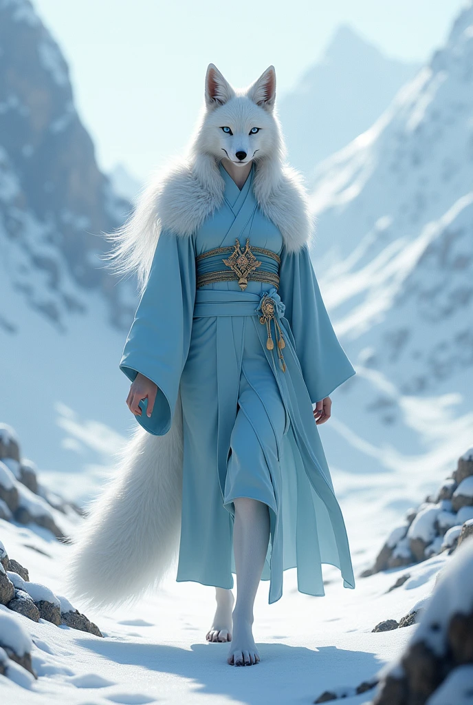 (photo brute, best quality) , (realistic, photo-realistic : 1.4), extremely formidable general plan, masterpiece, ultra-detailed, high resolution, meilleure illustration, best shadow, complexe, depth of field, Très belle renarde blanche anthropomorphe adulte, she has two beautiful blue eyes and her fur is white. She is wearing a light blue kimono. She walks on her two hind legs. She is in snowy mountains, elle sourit. Style Photorealiste Photorealiste style 8k, dslr, high quality, (grain du film : 1.4), Fujifilm XT3,