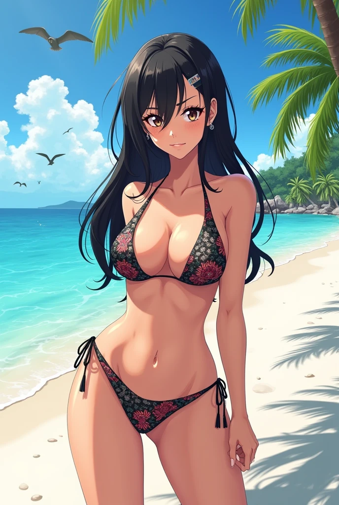 Create,Makima from chainsaw man anime, wearing sexy bikinis, infront of a beach 