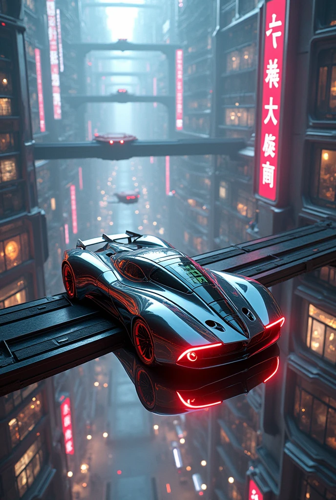 Awsome the futuristic [car] In a cyber city [on top camera view]