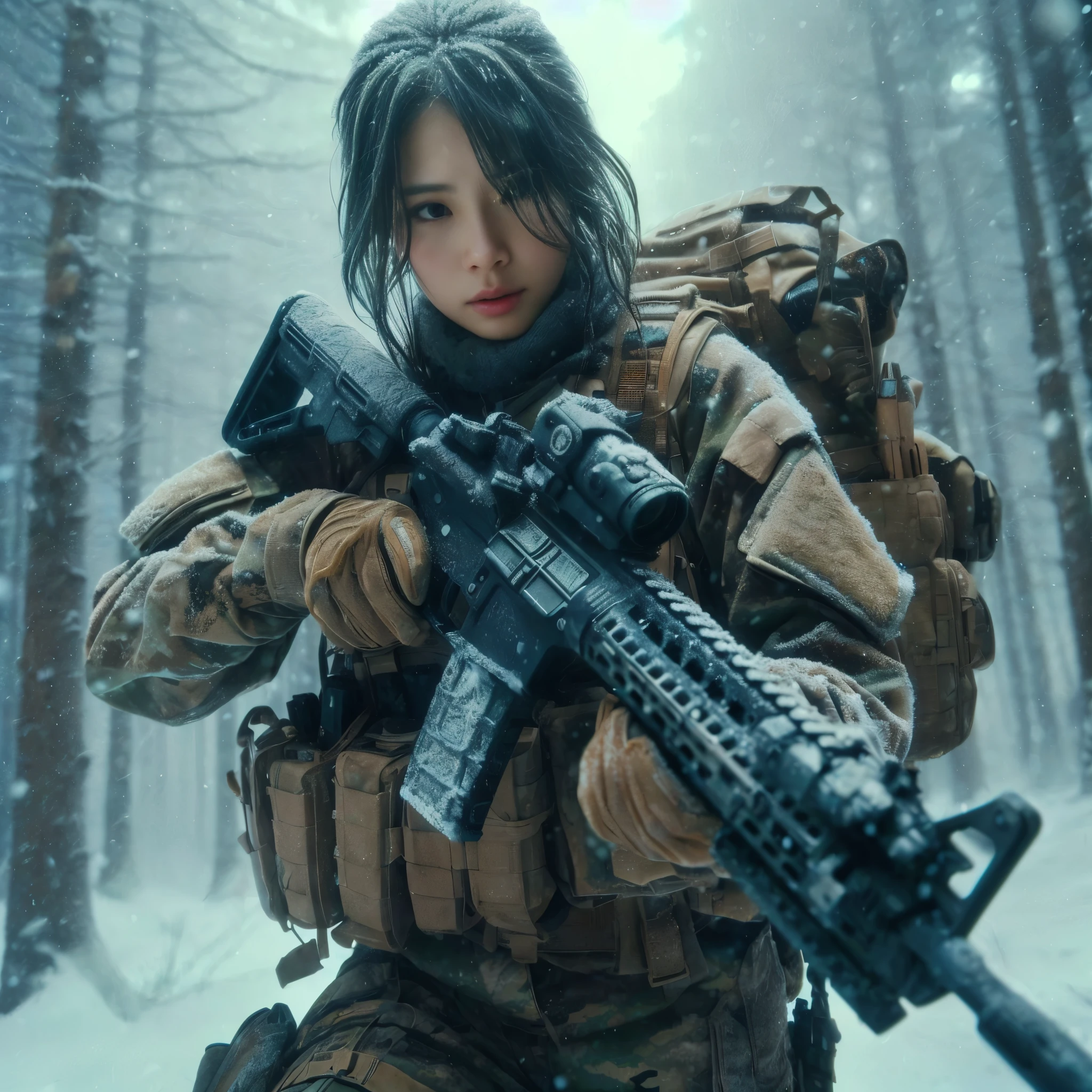 8K, realistic photo, realistic skin texture, Beautiful Japanese women in the US military、In the winter forest、explosion、Close call、
、They are shouting to evacuate immediately.、Automatic rifle、Bulletproof vest、Back Back、boots、Covered in scars、Grim expression、Dynamic pose、Innovative composition、Dust is flying、fiction、My breath is white from the cold、The sun shines through the trees
