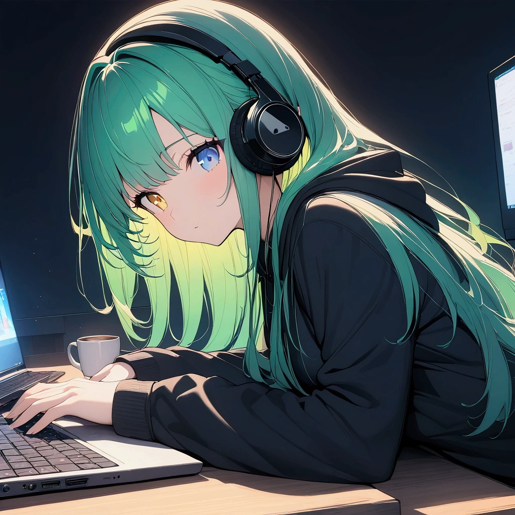 (((anime))) One Woman,I am using the computer on my desk,Hands on the keyboard,Long Hair,(Green Hair),Bangs parted in the center,Headphones,Heterochromia iridis,((blue eyes)),Yellow Eyes,Big Eyes,Looking at a laptop. Black hoodie., Coffee cup on a desk in a dark room,Backlit by a computer,Backlight,masterpiece,Highest quality,Exquisite,8k,Absurd,Ultra-fine illustrations
