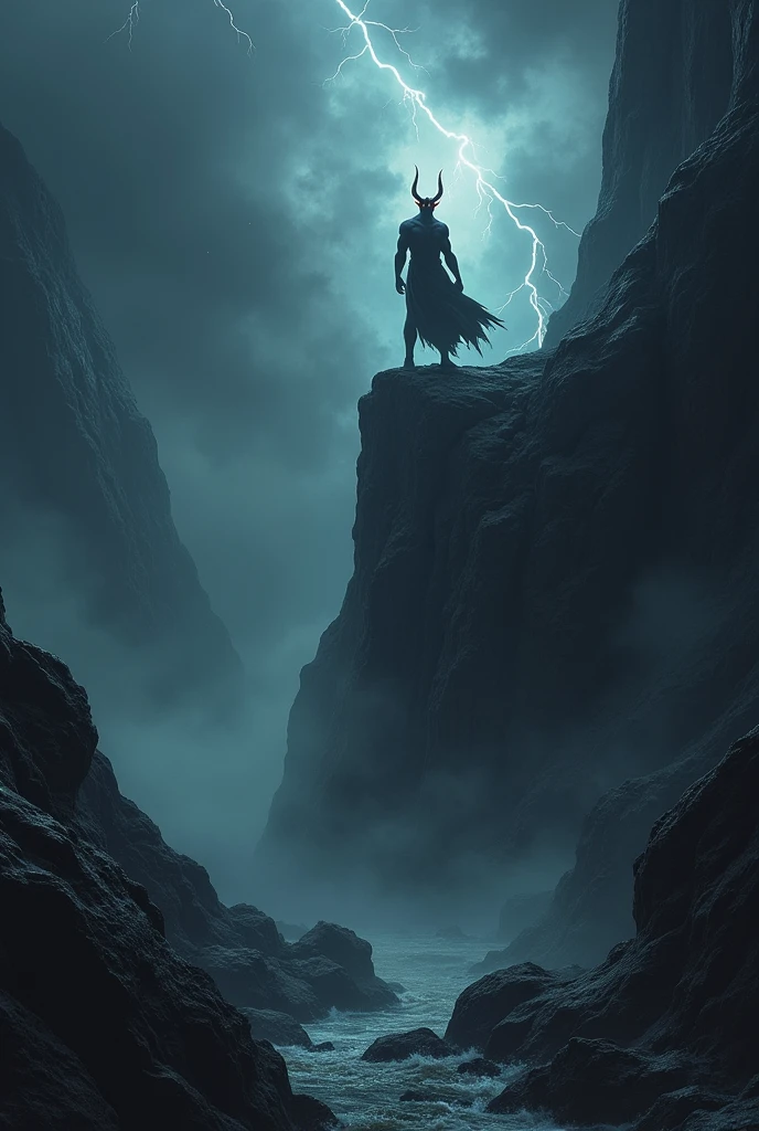 Create a dramatic image of the Devil standing on a rocky cliff overlooking a stormy, turbulent landscape. Show the Devil with a commanding and intimidating stance, surrounded by dark, swirling clouds and flashes of lightning. The environment should be chaotic and dark, with the Devil’s figure starkly illuminated by occasional bursts of light. The overall mood should evoke a sense of power, chaos, and foreboding.










