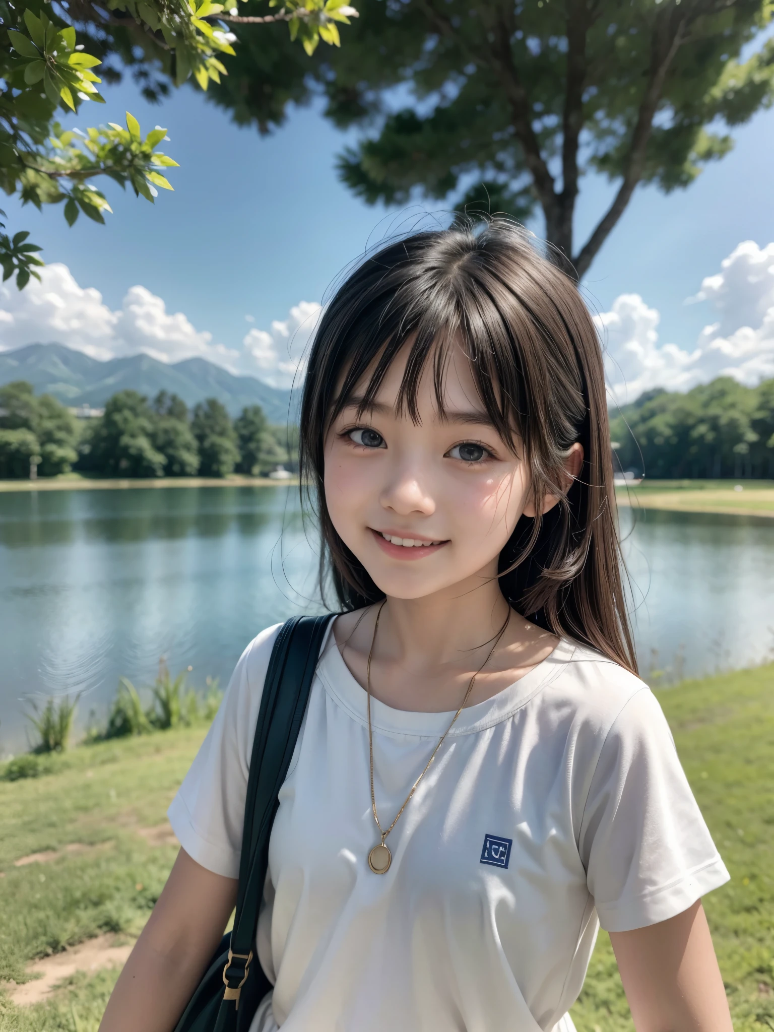 Japanese, elementary school girls, casual clothes, grassland, lake, smile, hot summer