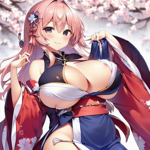 {{USA:30}}, smile, japanese clothes, wad of bills, heart, big breasts, separate sleeves, looking at the viewer, kimono, {{masterpiece:10, portrait, High resolution:10}}