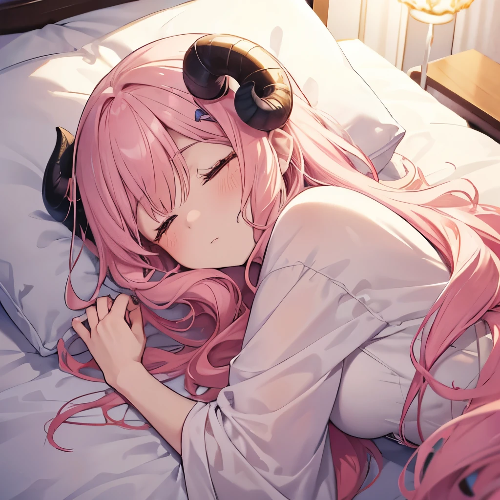 “An anime-style illustration of ‘Fua-chan’ sleeping peacefully. Fua-chan has distinctive features: long pink hair styled in soft curls resembling sheep’s horns, and pink eyes. She is depicted lying comfortably in bed, wrapped snugly in soft blankets, with her eyes closed and a serene expression on her face. Her hair is slightly tousled, and she looks completely relaxed as she sleeps. The background shows a dimly lit bedroom with warm, muted colors, perhaps with the soft glow of a nightlight or early morning light filtering through the curtains, creating a peaceful and restful atmosphere.