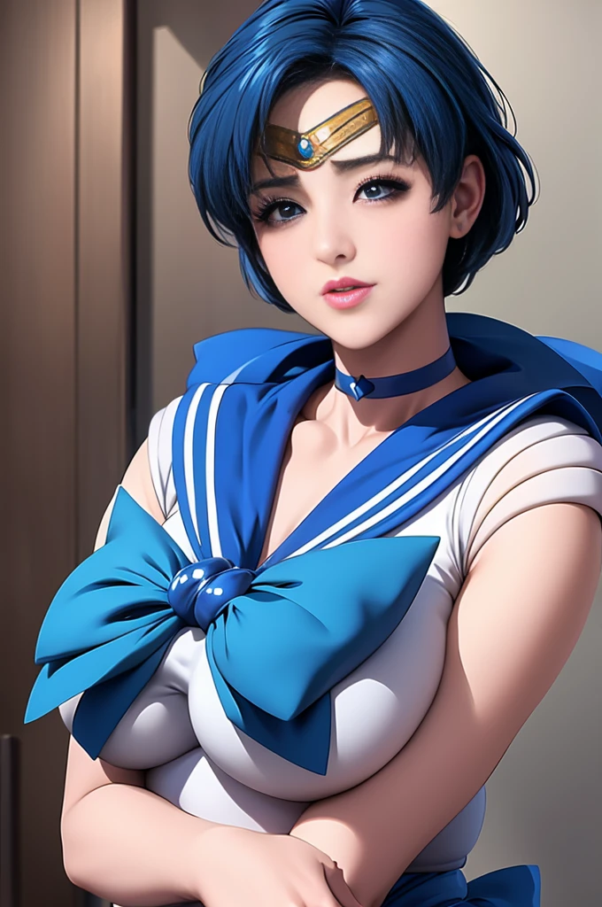 beauty、Very cute face、Outstanding proportions、Best image quality、masterpiece、8k、Soft look、Upper body only、(Sailor Mercury、Every detail、Delicate details)