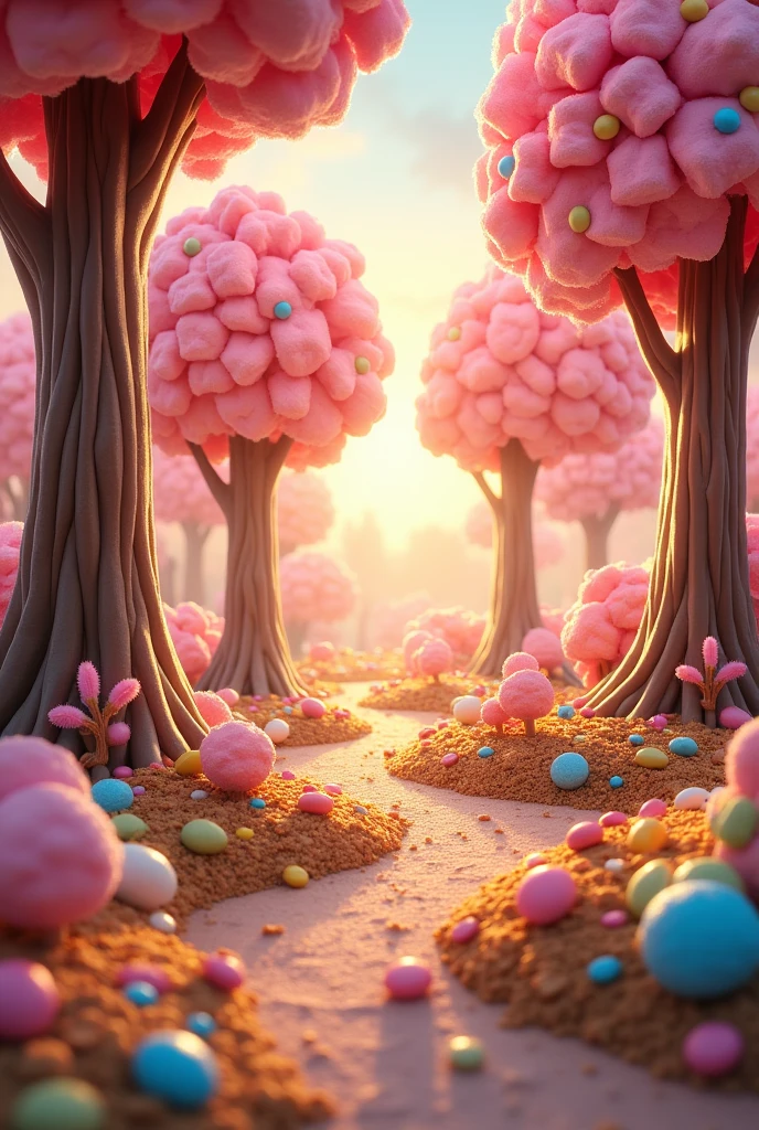 create a picture of a sweet forest, where the trees and plants are marshmallow sweets, jelly beans and sugar cubes