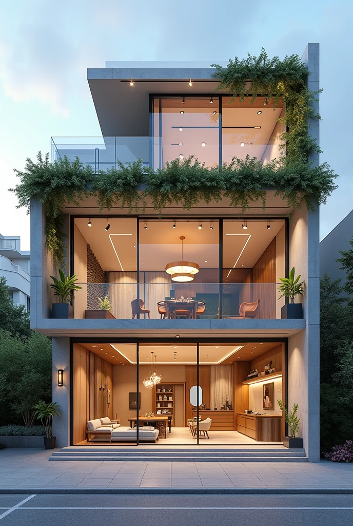 Make a two-story building where the first floor is the ground floor which is divided into a dressing area, the jewelry and in the background is the cafeteria and on the second floor it is divided into a makeup area and another for hairdressing.