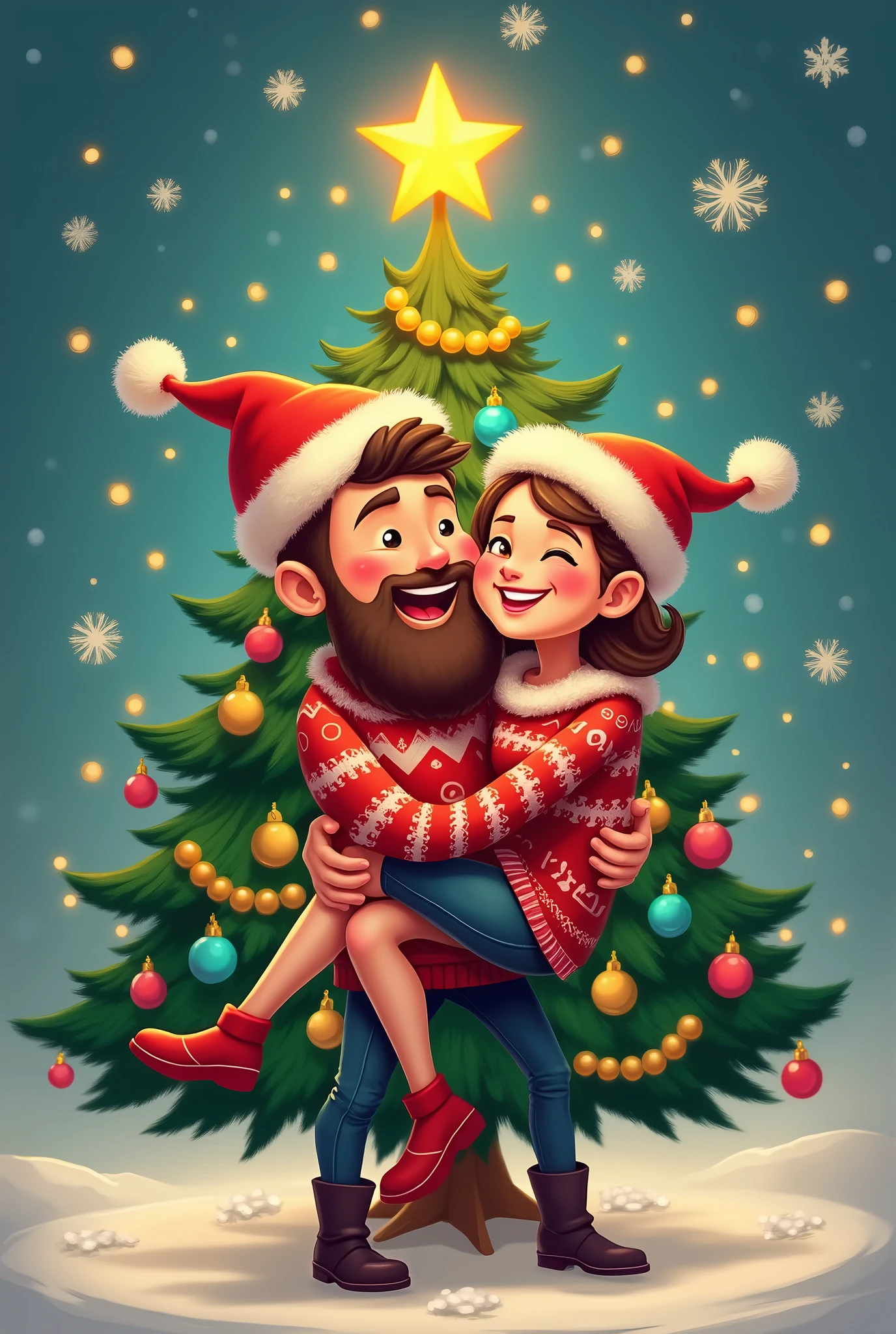 2d drawing A cartoon couple wearing Christmas clothes with a Christmas tree next to them. He is carrying the girl so that a star appears at the top of the Christmas tree. 2d drawing