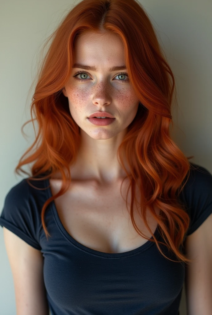 realistic woman, 25 ans, redhead, long hair, wavy, tache de redheadur, grain de beauté, Luscious lip, small tits, dark blue tight t-shirt.