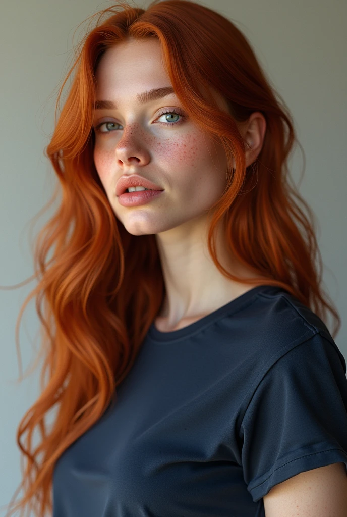 realistic woman, 25 ans, redhead, long hair, wavy, tache de redheadur, grain de beauté, Luscious lip, small tits, dark blue tight t-shirt.