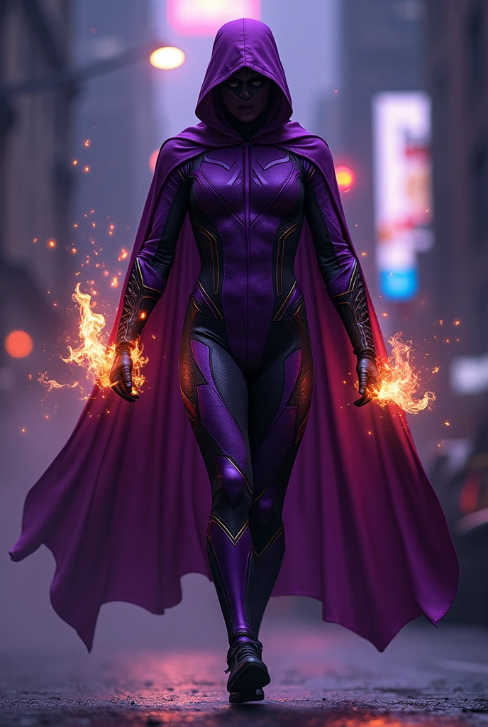 Create a hero with fire powers and purple colors, with characteristics of the Nightwing character 