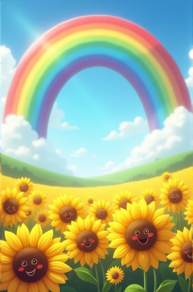 Beautiful rainbow over field of smiling sunflower 
