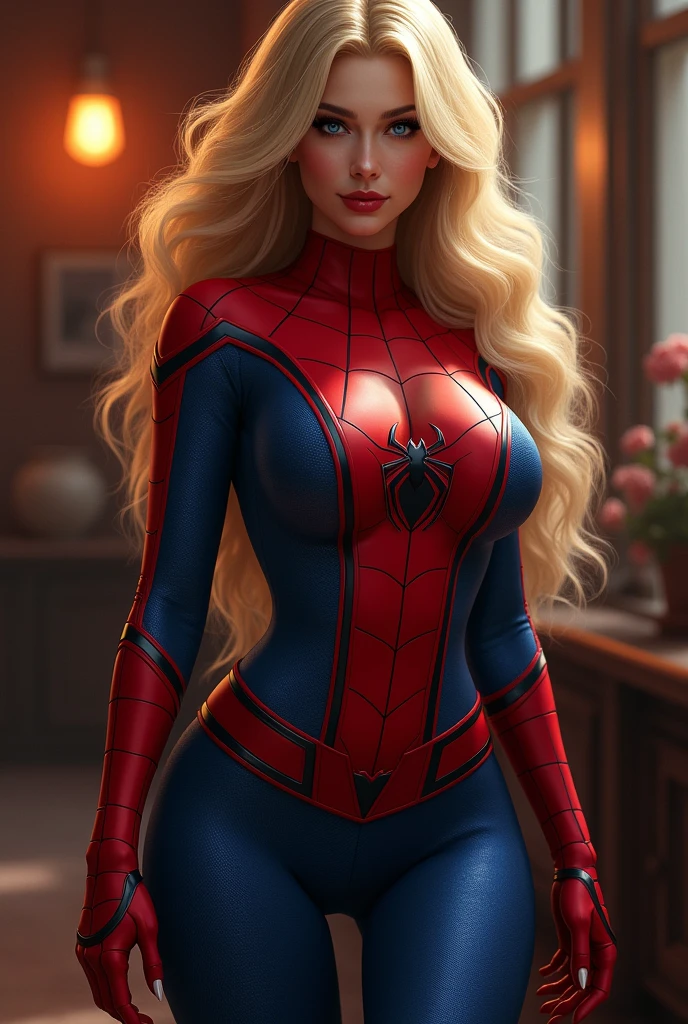 "A voluptuous and seductive blonde, Wear the iconic red and blue Spiderman suit, fitted to her curvy body. The suit clings to her generous breasts, highlighting her prominent bust. The suit belt fits around her narrow waist, highlighting her sexy, tanned belly button. Her long, toned legs extend from the suit, as if ready to jump at any moment. her blonde hair cascades over her shoulders, framing her sensual face and her full lips. Her blue eyes shine with a seductive glow, inviting you to get lost in his gaze. The soft, warm light highlights every detail of your figure., creating an intimate and sensual atmosphere