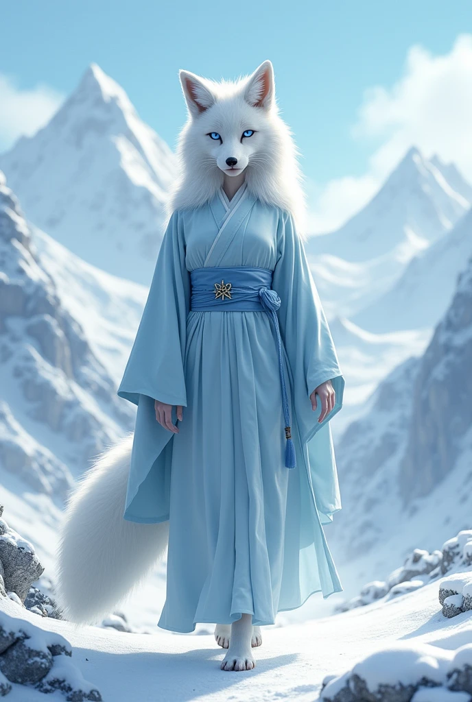 (photo brute, best quality) , (realistic, photo-realistic : 1.4), extremely formidable general plan, masterpiece, ultra-detailed, high resolution, meilleure illustration, best shadow, complexe, depth of field, Très belle renarde blanche anthropomorphe adulte, she has two beautiful blue eyes and her fur is white. She is wearing a light blue kimono. She walks on her two hind legs. She is in snowy mountains, elle sourit. Style Photorealiste Photorealiste style 8k, dslr, high quality, (grain du film : 1.4), Fujifilm XT3,