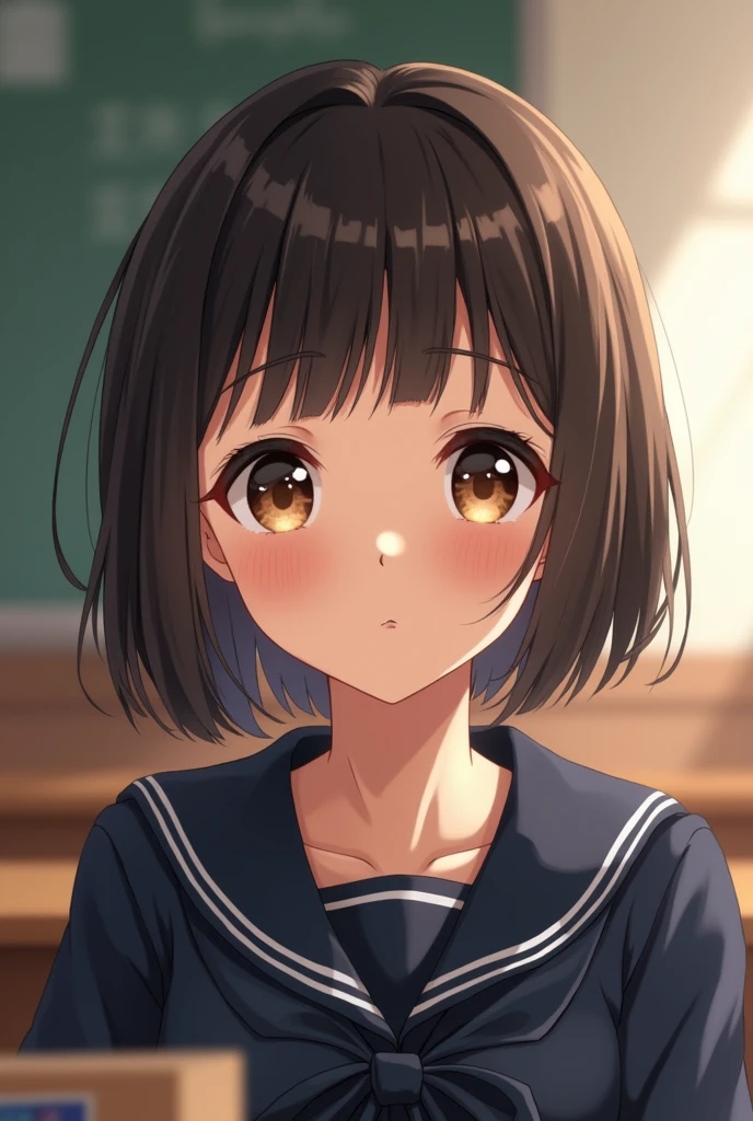 Highest quality, Face Focus, Soft Light, Ultra-high resolution, (Realistic:1.4), RAW Photos, 1 Japanese girl, alone, cute, (A shy smile:0.5), (Brown eyes, Light in your eyes), Beautiful face in every detail, (Small box),(High resolution detail of human skin texture), (Short Bob Hair), break, In the classroom,Navy uniform, Best, skirt
