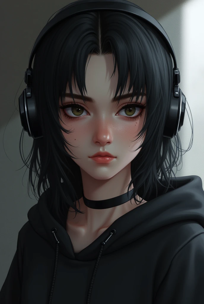 Realism female with medium short black hair, mole on right eye, glasses, black hoodie and headphone