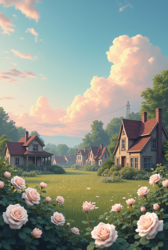 Some old houses , vintage , pink sky , garden of white roses, blue clouds