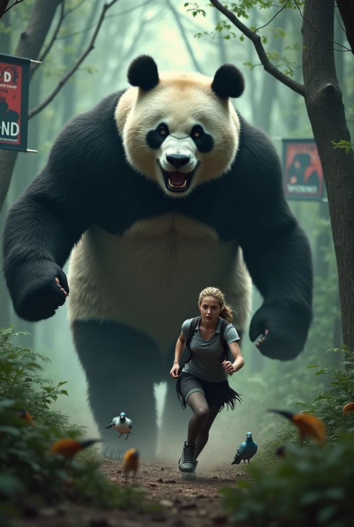 (Giant panda holds up a refrigerator with both hands:2), (Gray female pigeon:1,6), (short-sleeved shirt),(Angry Giant Panda), A giant panda chases after you, Gray female pigeonが全力で走って巨大パンダから逃げている, Gray female pigeonがオフホワイトで襟付きのshort-sleeved shirtに薄茶色のベストを着てひざ丈の黒いスカートに濃い緑の靴下と黒の靴を履いている, 筋肉質なGray female pigeon, The background is a grassy forest, ((horror movie posters)), Photorealistic images,