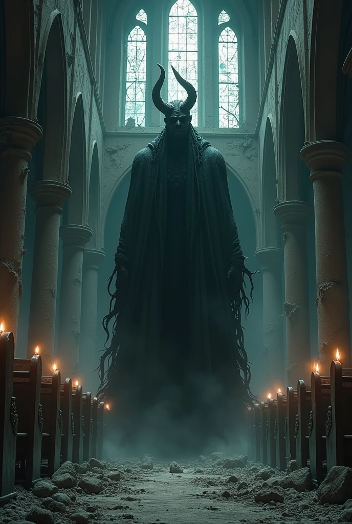 Create a haunting image of the Devil in a desolate, abandoned cathedral. Depict the Devil amidst shattered stained glass and crumbling ruins, with dark, shadowy corners and flickering candlelight creating a chilling atmosphere. His appearance should be malevolent and imposing, contrasting sharply with the decayed grandeur of the cathedral. The overall mood should convey a sense of corruption and the desecration of sacred space.