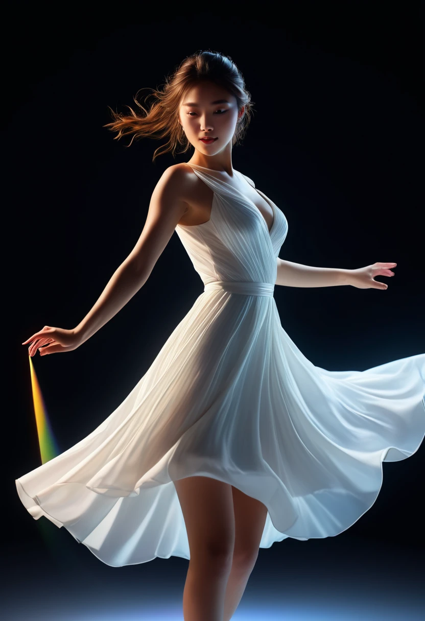 ((Highest quality, 8k, masterpiece: 1.3)), sharp: 1.2, Perfect Body Beauty、One girl, Dynamic Angle, White Dress, Light Tracing, (Floating colorful wind:1)
(Realistic:1.4), unity 8k wallpaper, Super detailed, beautifully、aesthetic, masterpiece,Highest quality, Glowing Skin, Cinema Lighting, A light smile