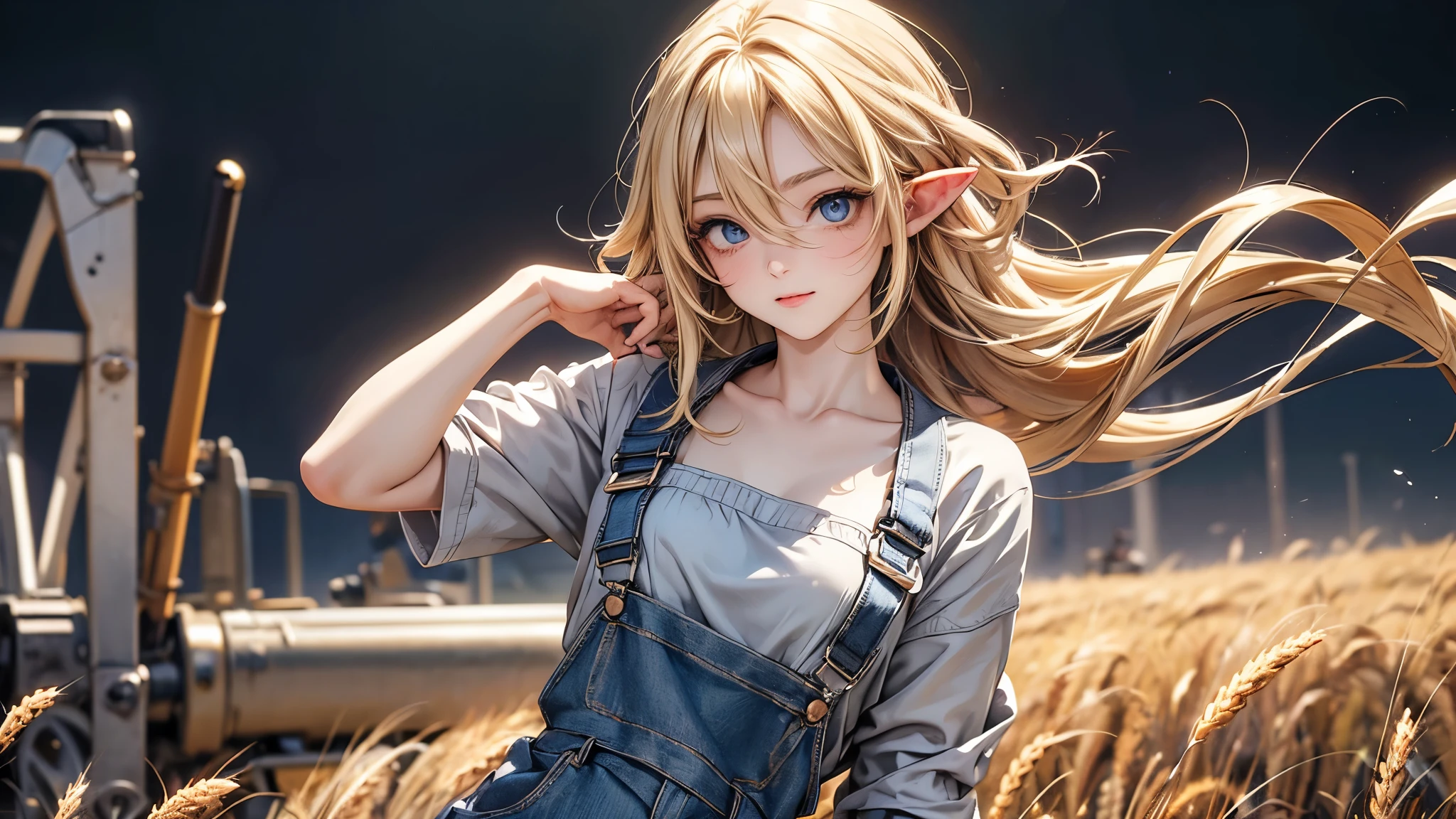 ((Masterpiece)), (Anime:1.5), ((best quality)), (RAW photo:1.2), (High Definition:1.3), (Professional Photography:1.2), (), (1girl), cute young girl, BREAK, (naughty face:1.3), (Beautiful daiamond eyes:1.5), (pale skin), elf girl, wearing Gray Workwear Coveralls, flat chest, slender waist, BREAK, (hair over eyes:1.2), Silky unruly hair, medium hair, ((blond hair)), wearing Gray Workwear Coveralls, (in a wheat field among agricultural machinery), low-cut neckline, open clothing in the chest area, (Ukrainian flag on the background in the field)