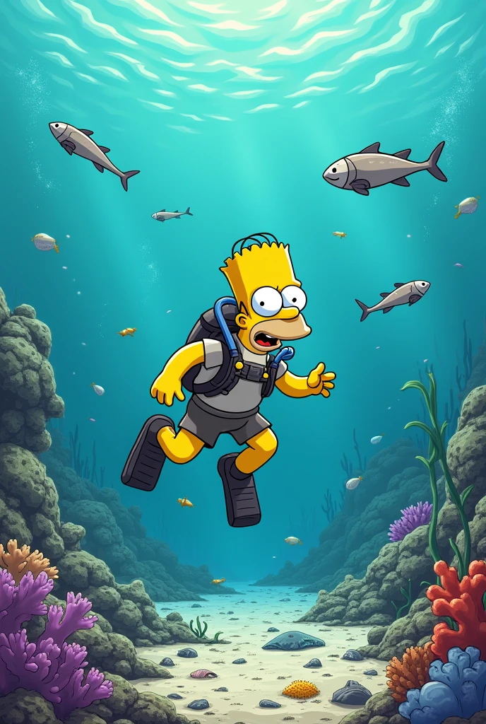 a simpsons style image in portrait ratio of a Simpson scuba diving in the sea and all the fish and wildlife are dead and there's white coral that's dead and there's lots of plastic floating in the sea