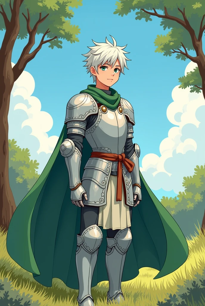 masterpiece,best quality,
ligne claire,flat color,
cowboy shot,solo focus,
1man,young man:1.3,adult,
short hair,white hair,messy hair,
silver armor,armor dress,
patterns,decorations,
(zentangle:1.2),
green cloak,
trees,grass,blue sky,cloud,