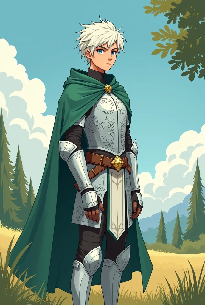 masterpiece,best quality,
ligne claire,flat color,
cowboy shot,solo focus,
1man,young man:1.3,adult,
short hair,white hair,messy hair,
silver armor,armor dress,
patterns,decorations,
(zentangle:1.2),
green cloak,
trees,grass,blue sky,cloud,
