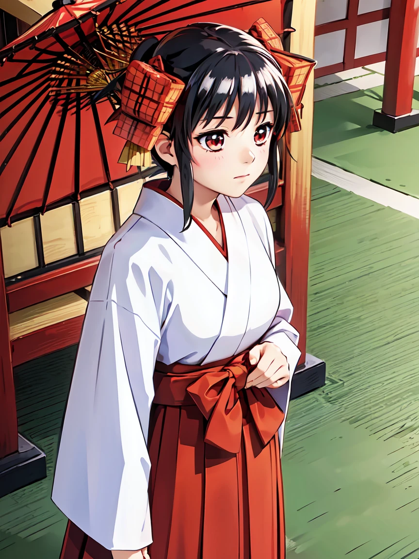 (((narusawa))), girl, alone, (Shrine maiden), (White kimono), ((Red Hakama Skirt)), (Long skirt)