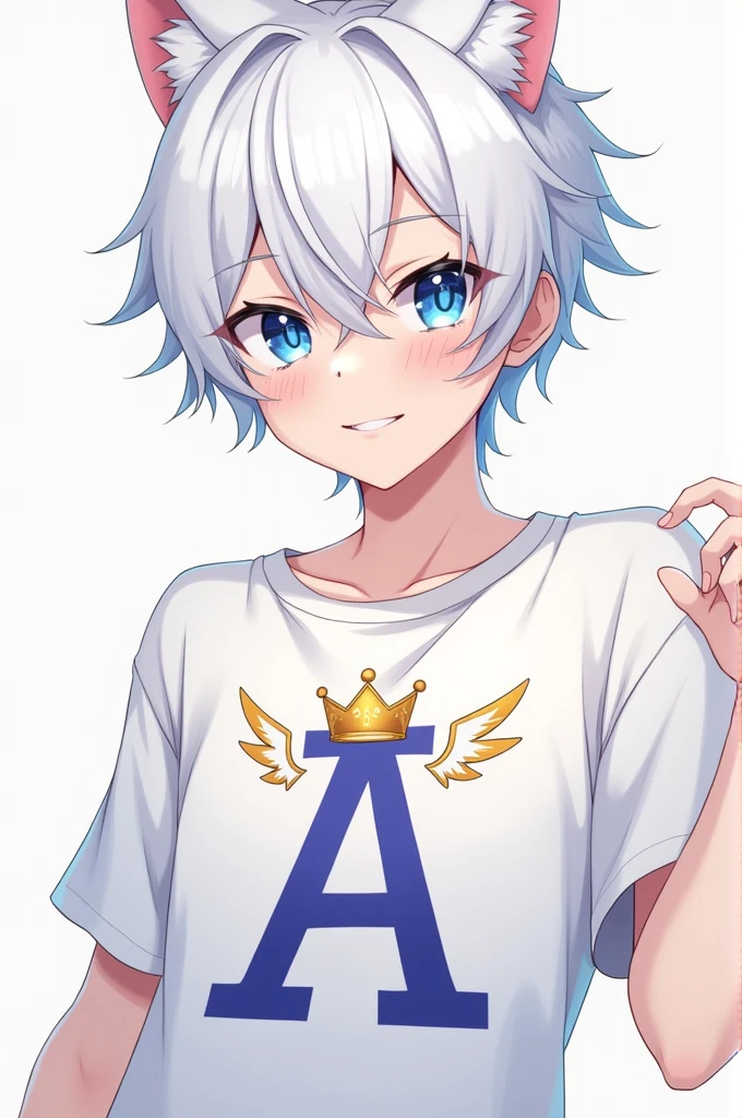 Make a male anime character with white hair blue eyes cat ears smiling with a white shirt with a letter A printed on it and a crown on Sima of the letter A and wings on the sides