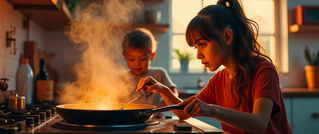 a female DJ AND A CHILD making cooking gestures with a CAKE PAN on turntables on a stove, beautiful detailed eyes, beautiful detailed lips, extremely detailed eyes and face, long eyelashes, painting, oil painting, 8K, high quality, hyperrealistic, intricate details, vibrant colors, dramatic lighting, cinematic composition, dynamic pose, smoking frying pan, kitchen stove, modern kitchen interior, warm color tones, photorealistic