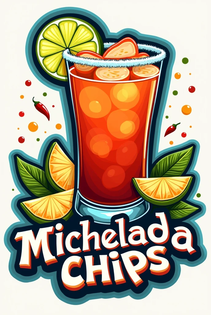A logo for a stand selling micheladas and prepared drinks with some chips