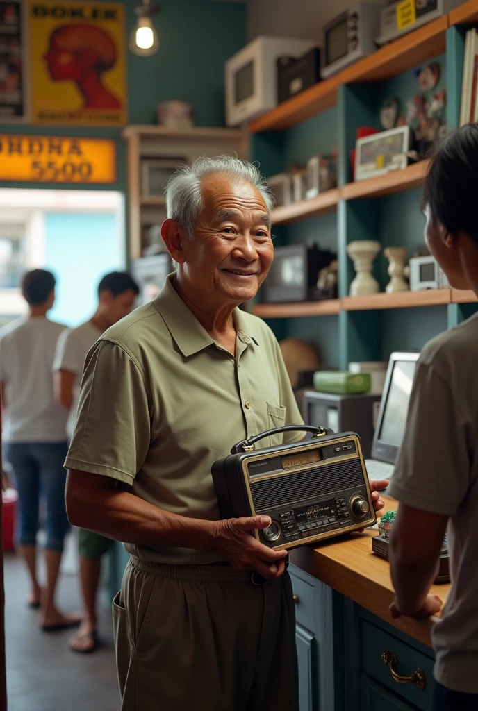 happy Filipino old man returning broken radio to a store