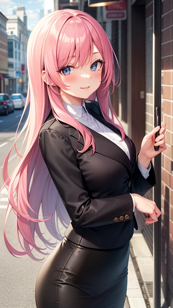 masterpiece, best quality, high detail, beautiful business woman, solo focus, long wavy hair, pink hair, (black blazer), (black midi pencil skirt), long skirt, wide hips, upper body, looking at viewer, wide-eyed, smile, blush, city, sidewalk, summer, (cloudy sky),