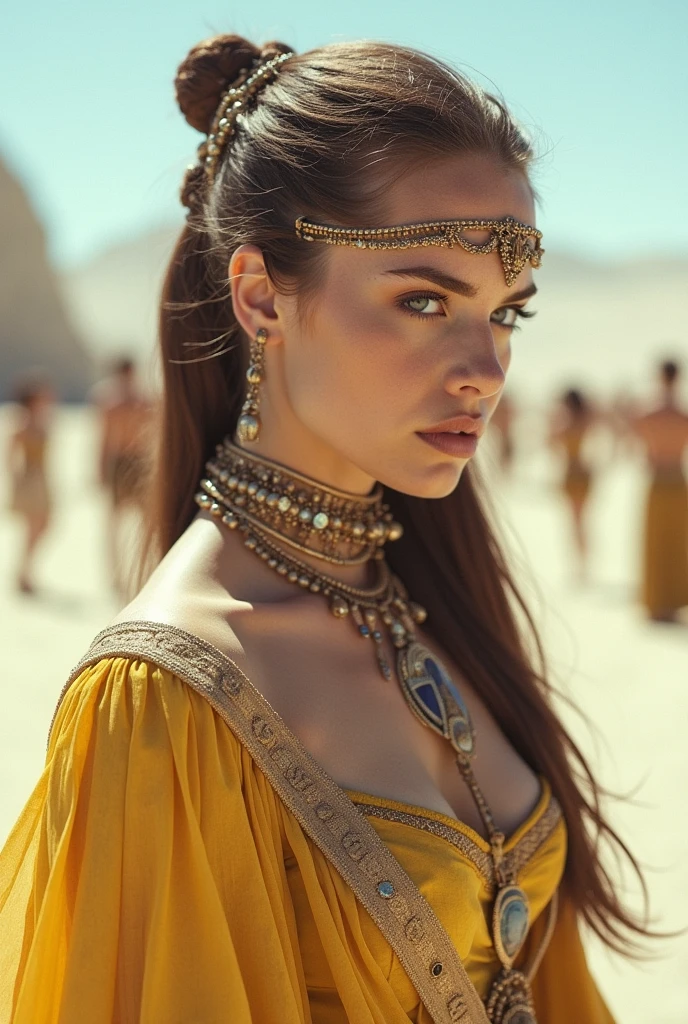 photographie réelle , shooting photo , fete du burning man façon star wars dans le desert , princesse Leia esclave