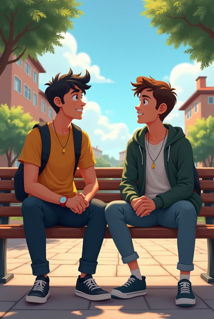 Scene 2: Conversation with João Pedro. Description:Lucas and João Pedro are sitting on a bench at school. João Pedro suggests that Lucas start going to the gym. Lucas looks thoughtful and a little skeptical..