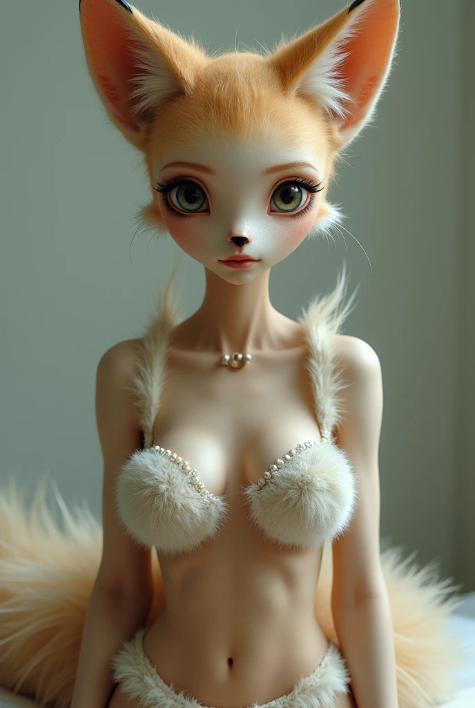 one girl, fox ears, , pure, cute naked, topless, a Woman alien mix, human Body, big tits, fox skin, alien fox nose but the Rest of the face ist human, (((whiskers))) big eyes, full black eyes, hybride 10 % fox Cup 50 %alien and 40 % human, face mostly woman,fox furry at Body Arms and shoulders and neck, tits are human , nipples ,Cat eyes, slender No clothes, fat lips, bimbo lips,tail, fangs, Brown fox furr, human mouth