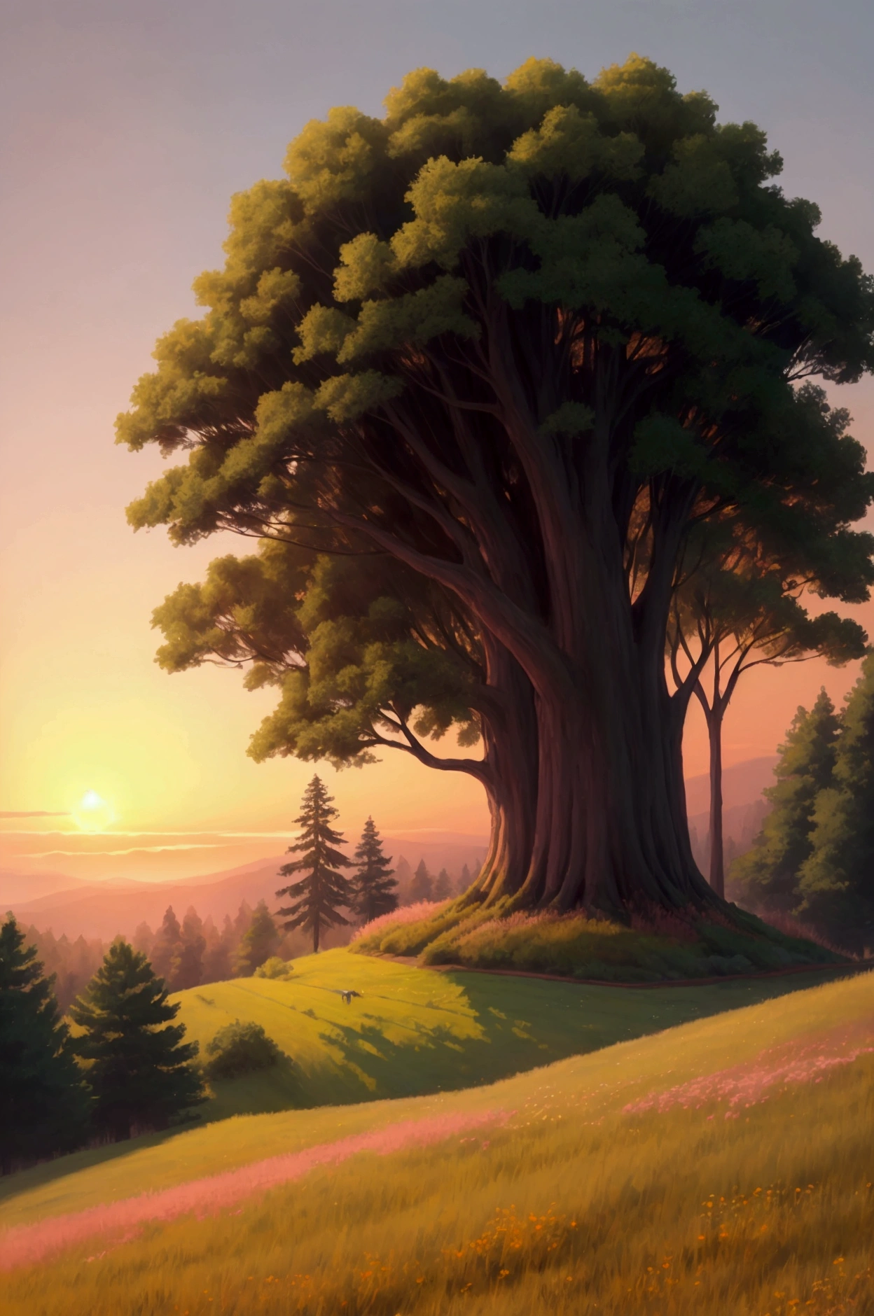Illustrate a serene sunrise scene in a lush meadow. The horizon is glowing with warm hues of orange and pink as the sun begins to rise. Tall grasses and wildflowers, heavy with dew, stretch out in all directions, their tips catching the morning light. In the background, a dense forest line with tall trees stands silhouetted against the sky. A gentle mist hovers just above the ground, adding an ethereal quality to the scene. The atmosphere is calm, fresh, and full of life.