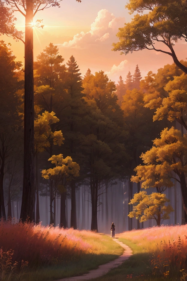 Illustrate a serene sunrise scene in a lush meadow. The horizon is glowing with warm hues of orange and pink as the sun begins to rise. Tall grasses and wildflowers, heavy with dew, stretch out in all directions, their tips catching the morning light. In the background, a dense forest line with tall trees stands silhouetted against the sky. A gentle mist hovers just above the ground, adding an ethereal quality to the scene. The atmosphere is calm, fresh, and full of life.