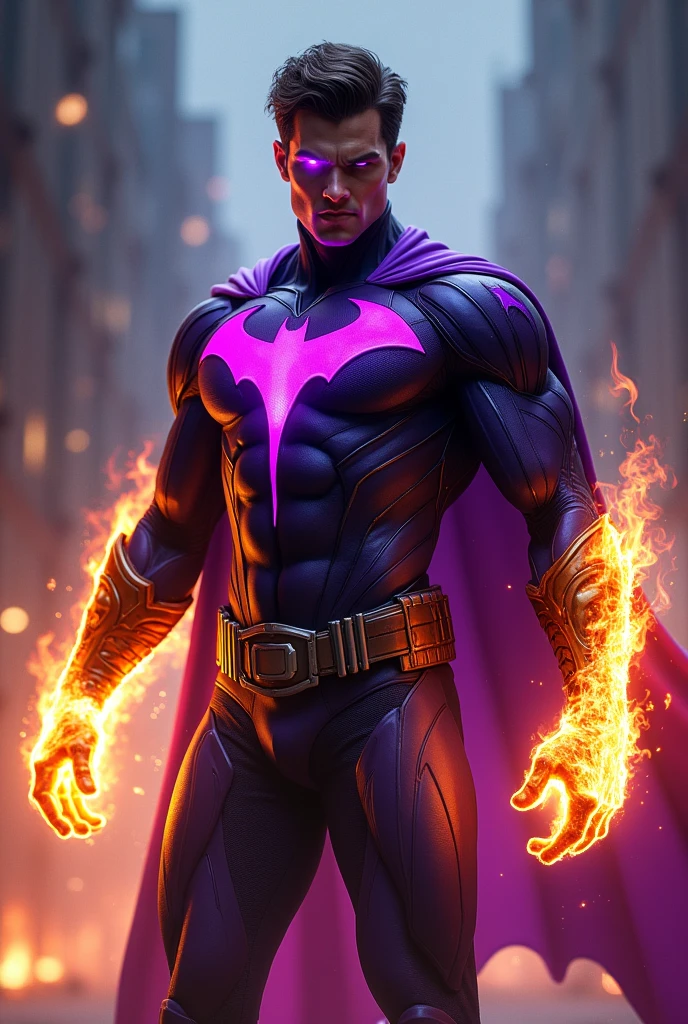 Create a male hero with fire powers and purple colors, with characteristics of the Nightwing character 
