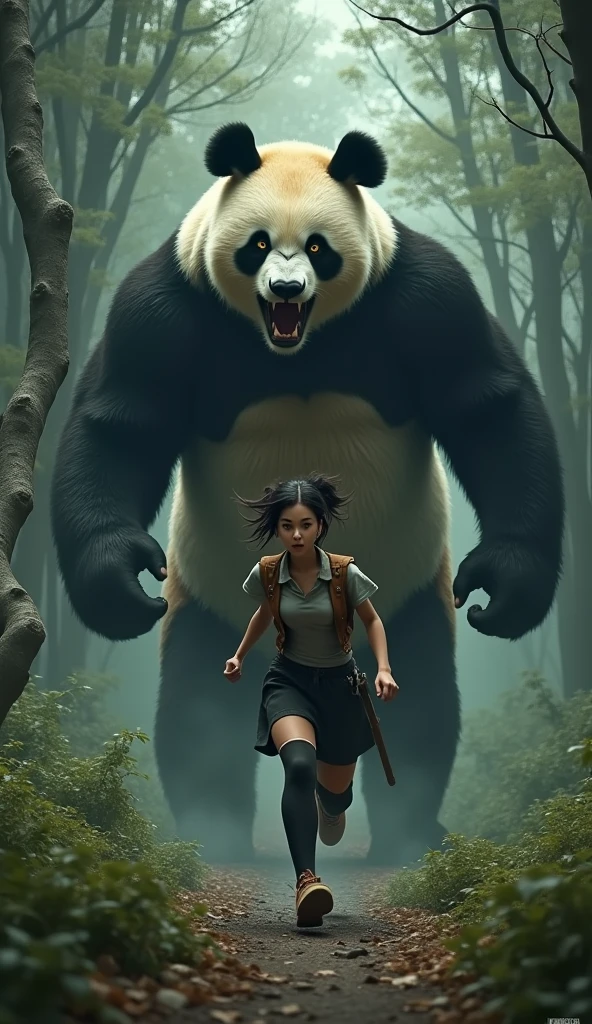 (Giant panda holds up a refrigerator with both hands:2), (Gray female pigeon:1,6), (short-sleeved shirt),(Angry Giant Panda), A giant panda chases after you, Gray female pigeonが全力で走って巨大パンダから逃げている, Gray female pigeonがオフホワイトで襟付きのshort-sleeved shirtに薄茶色のベストを着てひざ丈の黒いスカートに濃い緑の靴下と黒の靴を履いている, 筋肉質なGray female pigeon, The background is a grassy forest, ((horror movie posters)), Photorealistic images,